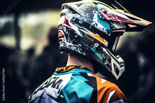 Chromatic Adventure: Biker in Motocross Gear, Dressed in Bright Colors on Helmet and Clothing photo