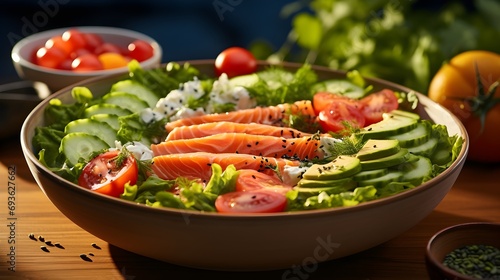 A fresh salmon avocado salad with leafy greens and tomatoes served in a large bowl