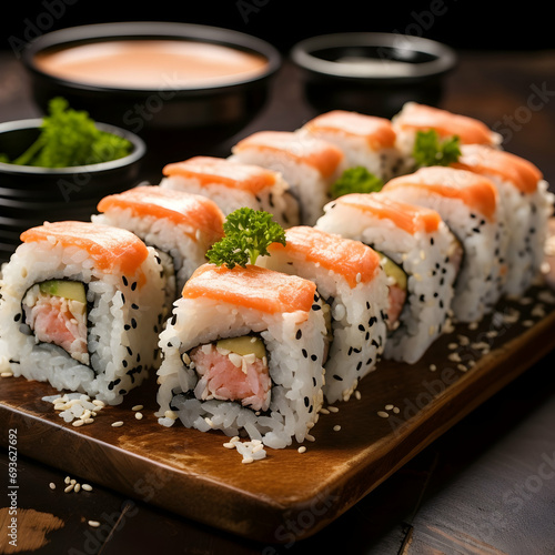 Assorted sushi on a plate, fresh and ready to enjoy, Japanese traditional cuisine