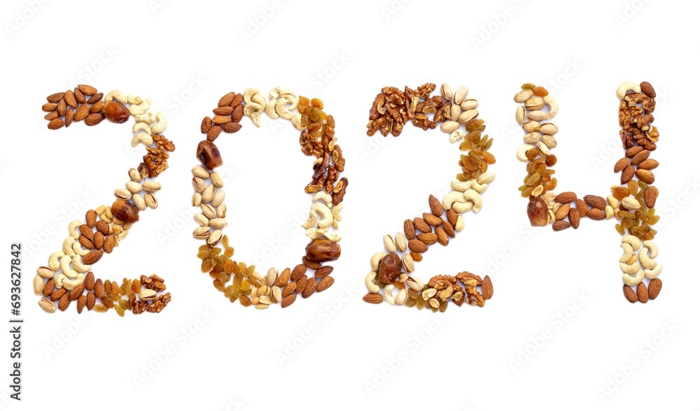 2024 Written with Dry Fruits Like Pistachio, Cashew, Almond, Raisin, Palm Date, Walnut and Peanut on White Background, Happy New Year 2024 Wishing Conceptual Photo 2024 Written with Dry Fruits Like Pistachio, Cashew, Almond, Raisin, Palm Date, Walnut and Peanut on White Background, Happy New Year 2024 Wishing Conceptual Photo