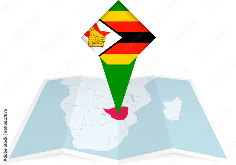 Zimbabwe pin flag and map on a folded map