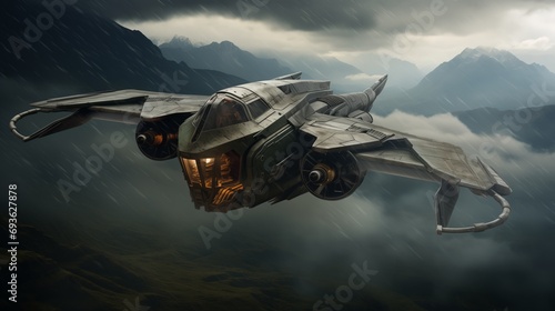 A rustic futuristic aircraft fighter flying through a rain storm, Denver mountains background, stormy photo