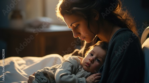 portrait with mother with small sick child holding in arms looking concerned photo