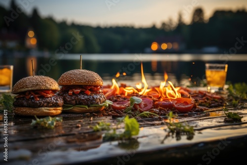A buffalo meat burger in a summer barbecue on the edge of a lake.  generative IA