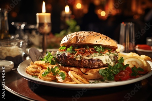 A lamb meat hamburger in a mediterranean -decorated restaurant.  generative IA
