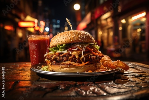 A pork meat hamburger in a street coffee with street artists., generative IA