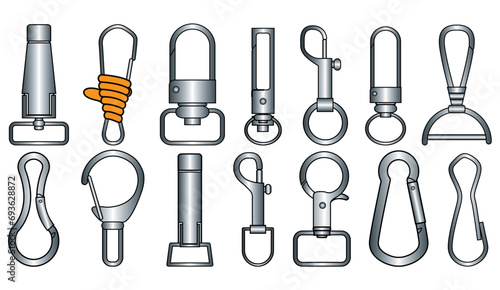 Claw clasps and carabiners flat sketch vector illustration set, different types of clasps, buckles and carabiners for jewellery, climbing equipment, garments dress fasteners, Clothing and Accessories