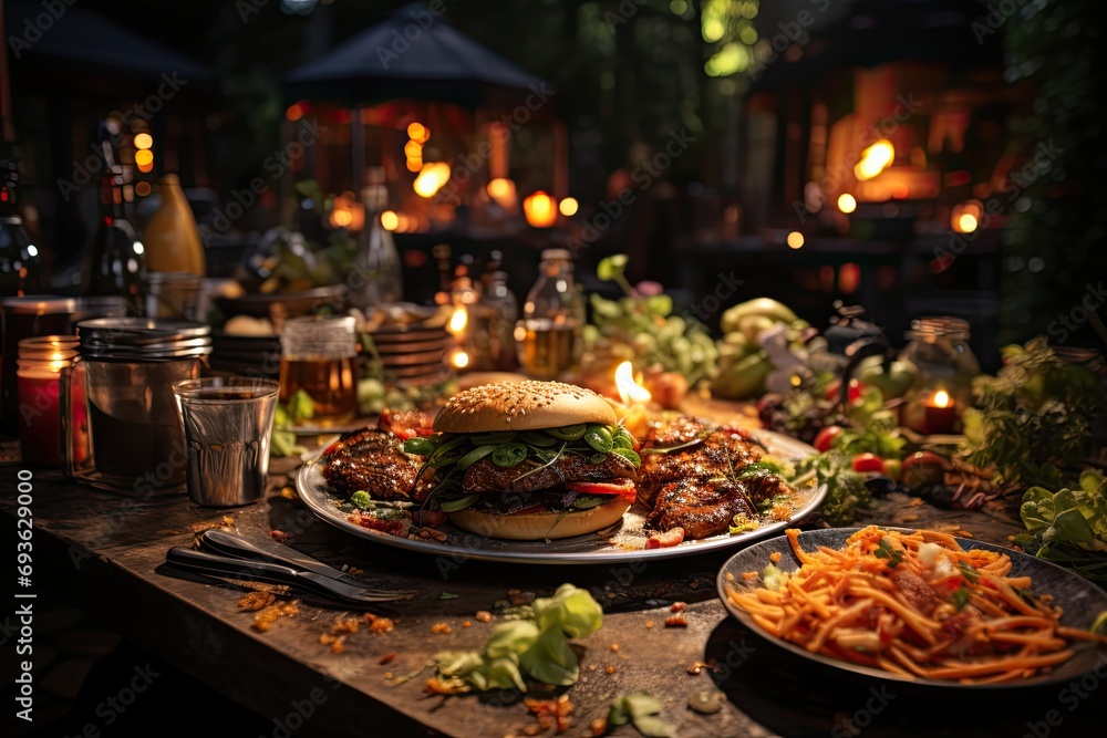 A chicken burger at a summer party with hanging lights and fire., generative IA