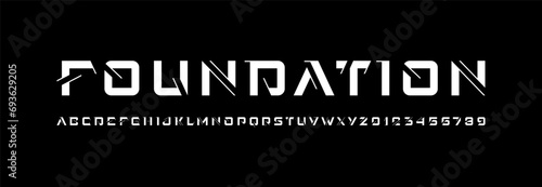 Technical future font, digital cyber alphabet, white original letters from A to Z and numbers from 0 to 9 for interface design, vector illustration 10EPS