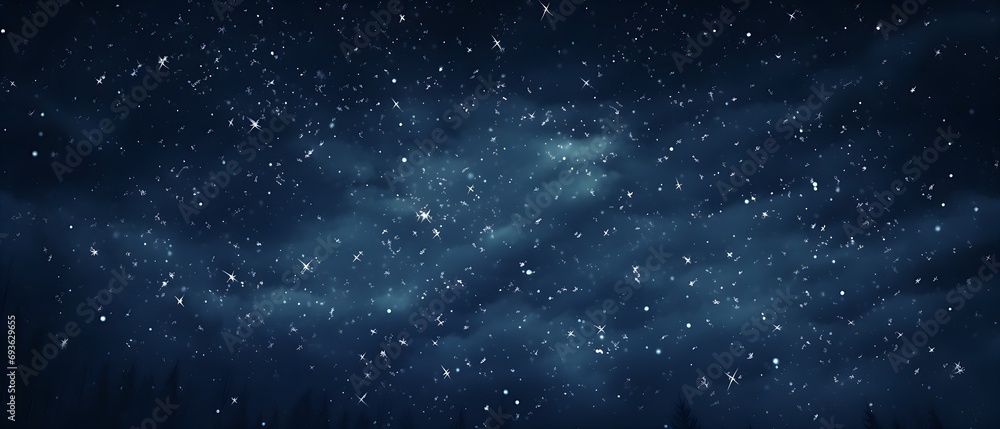 Abstract background with stars in the dark sky, it's snowing.