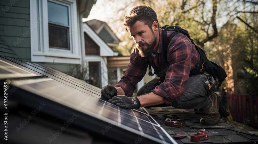 man worker on house roof installing solar pannel grid man worker on house roof installing solar pannel grid