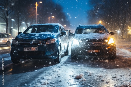 Severe Snowstorm Causes Evening Time Traffic Accident as Two Cars Collide in Russian City