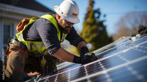 man worker on house roof installing solar pannel grid