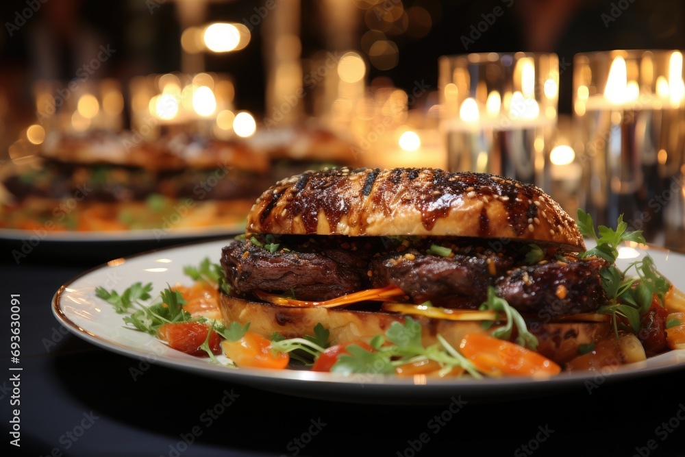 A gourmet hamburger with foie gras at a gala dinner., generative IA - obrazy, fototapety, plakaty 