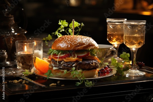 A gourmet hamburger with foie gras in a Parisian coffee with piano music., generative IA