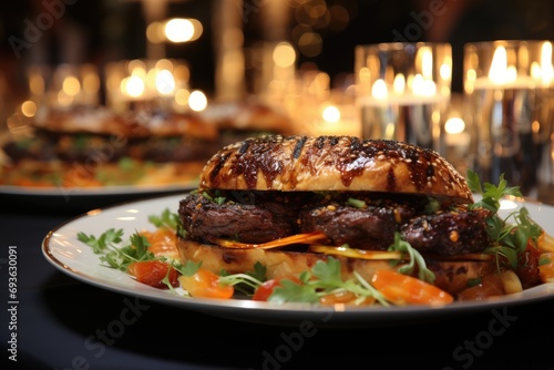 A gourmet hamburger with foie gras at a gala dinner., generative IA