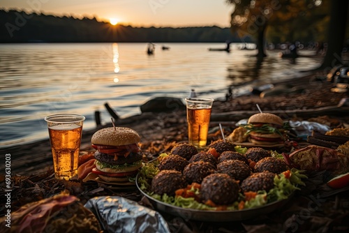 A gourmet hamburger with truffles in a picnic on the edge of a lake with pedal boats., generative IA photo