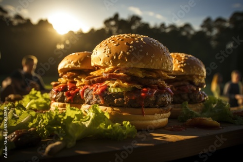 A triple hamburger in a coffee field of a golf field with golfers playing., generative IA