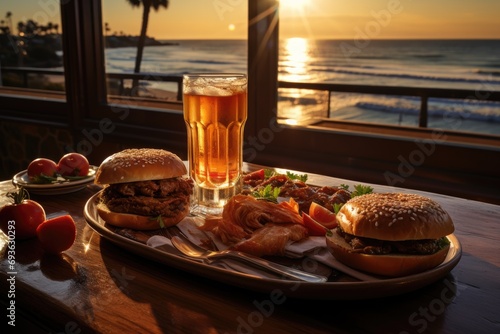 A triple hamburger in a seaside coffee with yachts on the horizon., generative IA photo