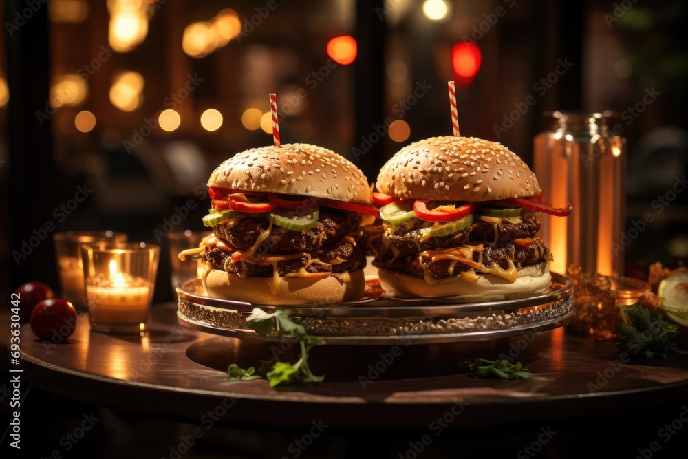 A triple hamburger in a nightly courtyard with candle lights., generative IA