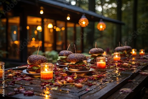 A vegan hamburger in a yard bright with Japanese lanterns., generative IA © Gabriel