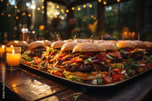 A vegan hamburger at a garden party with hanging lights., generative IA