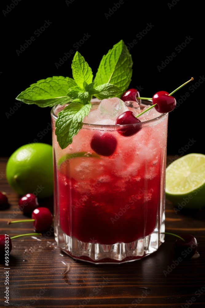 Refreshing cherry limeade in glass with ice and mint. Vibrant summer drink on dark background. Refreshing cherry limeade in glass with ice and mint. Vibrant summer drink on dark background.