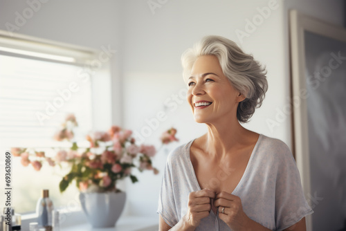 A beautiful happy and smiling mature female in loungewear