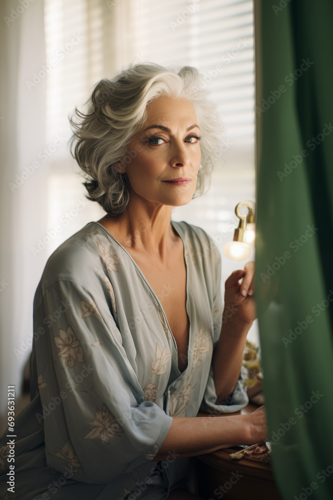 Fototapeta premium A beautiful mature female getting ready at her vanity desk