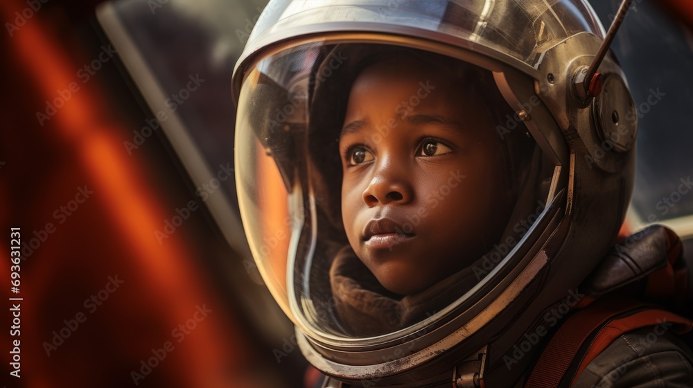 Portrait of an african children wearing a spacesuit looking through the window on mars Portrait of an african children wearing a spacesuit looking through the window on mars