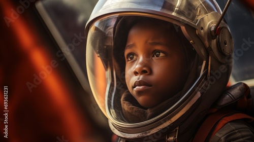 Portrait of an african children wearing a spacesuit looking through the window on mars