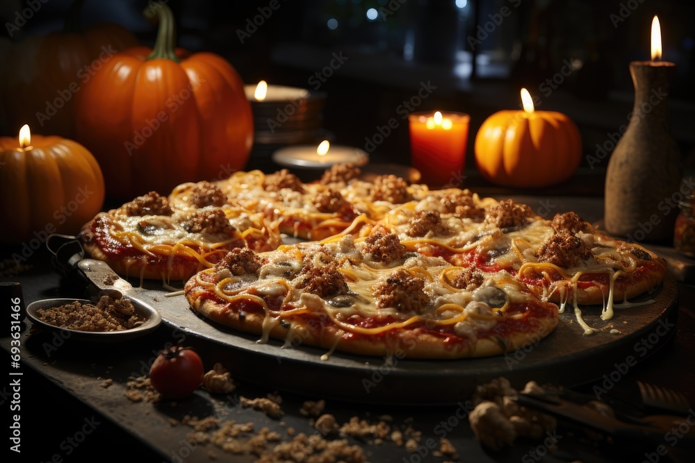 A cookie pizza at a halloween party with sculpted pumpkins., generative IA