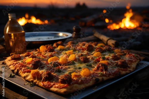 A potato pizza in a night camp under a starry sky., generative IA