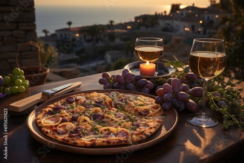 A eggplant pizza in a Mediterranean courtyard overlooking the sea., generative IA