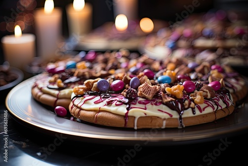 A cookie pizza at a theme party of superheroes with colorful decorations., generative IA