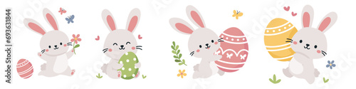 Set of flat vector illustrations for Easter holiday. Cute bunnies running with Easter eggs, grass, butterflies and flowers. Vector illustration