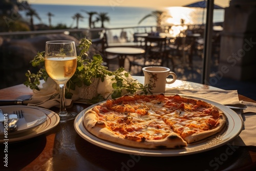 A pizza of Brûlée cream in a restaurant by the sea., generative IA