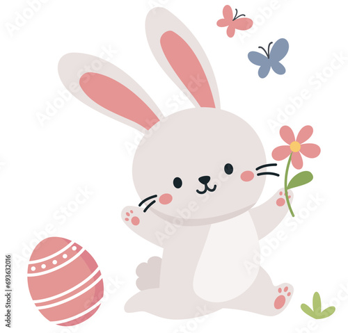 Flat vector illustration for easter day card. Cute bunny running after butterfly with daisy  Easter egg . Vector illustration