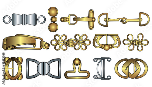 D ring and Belt buckle flat sketch vector illustration set, different types belt with Frame buckle, berg buckle and ring buckles accessories for belt, jewellery, dress fasteners and Clothing belt