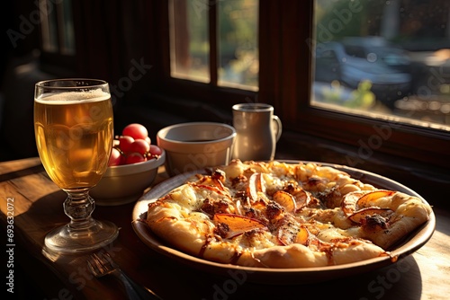 An apple cruble pizza in a cozy coffee with a lit fireplace., generative IA