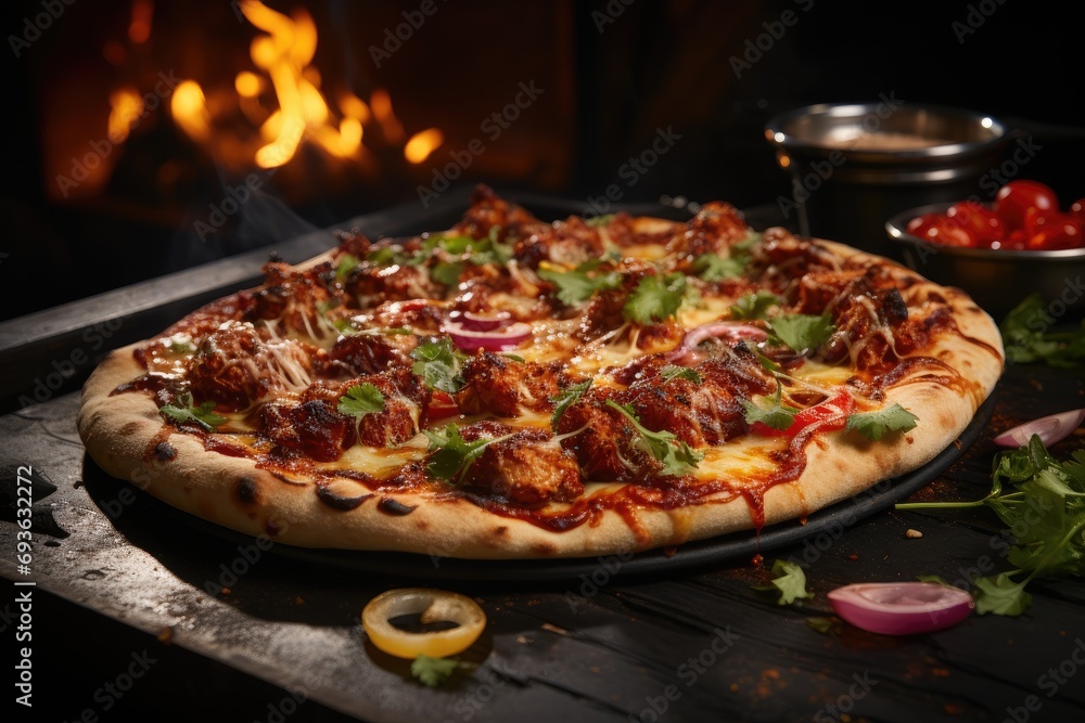A chicken pizza in an outdoor steakhouse atmosphere with grills., generative IA