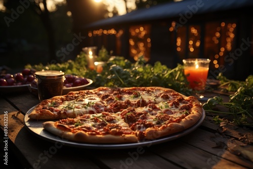 A apple cruble pizza at a farm party with wooden barn., generative IA
