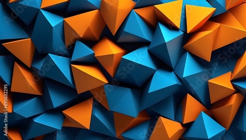 Abstract blue orange geometric futuristic technology texture with triangular 3d triangles shapes pattern wall background banner illustration, backdrop for design web, wallpaper photo