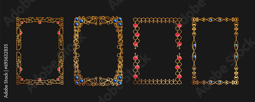 Gold decorative frame, engraved pattern. Vintage frame template, isolated vector set. Gold frame with jewelry stones, A4 format layout, antique, modern. Advertising, booklet, certificate, wedding.