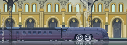 Railway station building, art deco architecture of the early 20th century. Passenger train at the platform. Vintage steampunk locomotive, passenger carriages. High speed express train. Vector cartoon