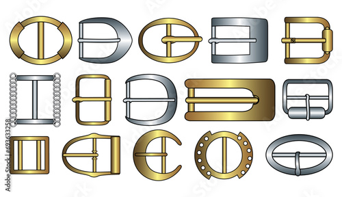 D ring and Belt buckle flat sketch vector illustration set, different types belt with Frame buckle, berg buckle and ring buckles accessories for belt, jewellery, dress fasteners and Clothing belt photo
