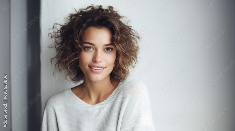 Young brunette woman wearing casual winter sweater relaxed with serious expression on face. simple and natural looking at the camera. - obrazy, fototapety, plakaty 
