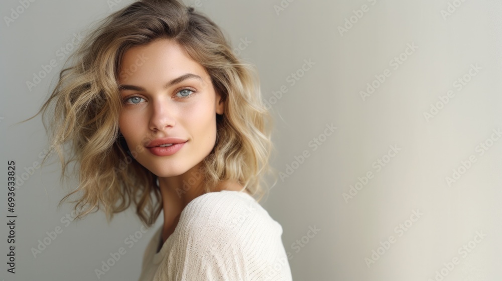 Portrait of smiling girl enjoying beauty treatment on beige background. Beautiful natural woman looking at copy space, spa and wellness concept. Carefree laughing woman with bare shoulders isolated.