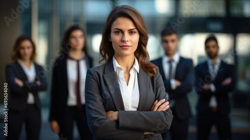 Young Confident businesswoman leader looking at camera standing outside office with teamwork. Female corporate leader ceo executive manager posing for business portrait arms folded.