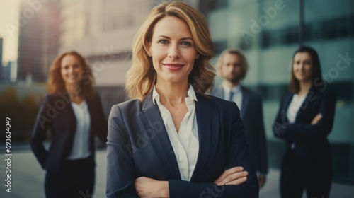 Happy Confident mature businesswoman leader looking at camera standing outside office with team. Female corporate leader ceo executive manager posing for business portrait arms folded.